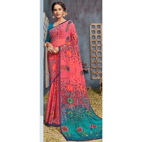 Fancy Designer Party Wear Georgette Printed Saree And Blouse Material