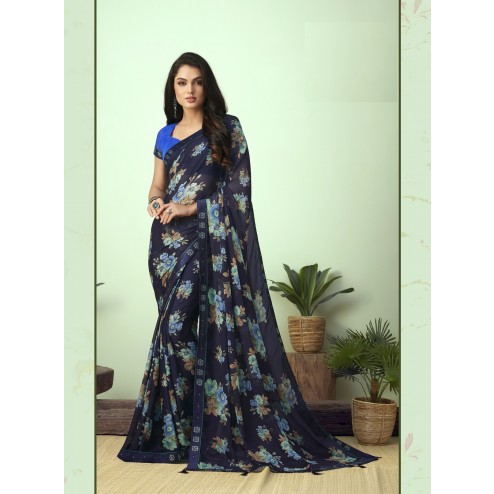 Party Wear Floral Printed Georgette Saree with Dupion Silk Embellished Border and Tassel Pallu with blouse. 