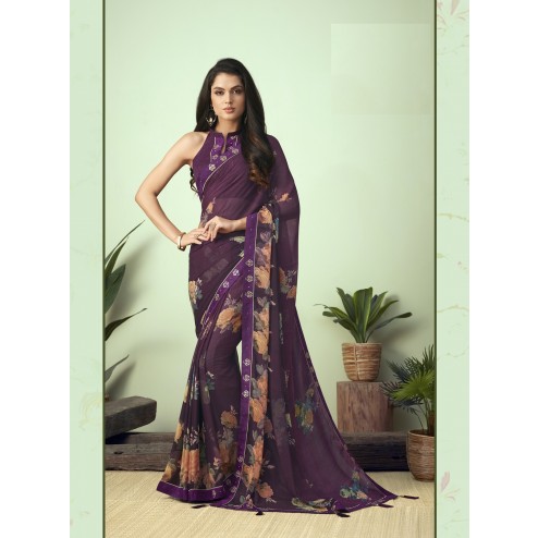 Party Wear Floral Printed Georgette Saree with Dupion Silk Embellished Border and Tassel Pallu with blouse. 