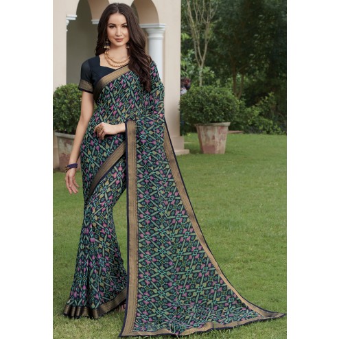 Designer Party Wear Georgette Printed Saree With Border And Blouse Material. Festive Wear. Traditional Saree. Original Products.