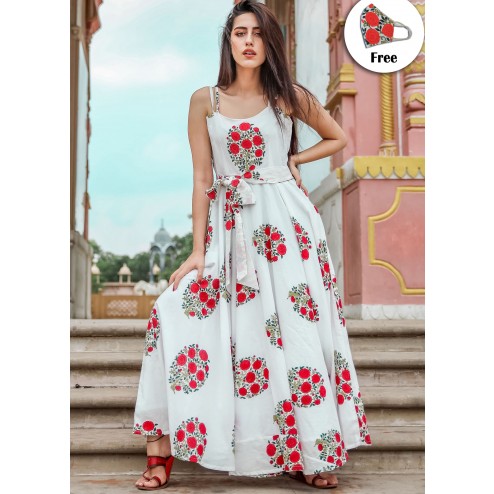 Designer Partywear Printed White Pure Maslin Gown