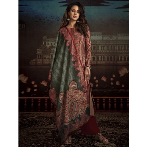 Allover Contrast Floral Digital Print With Resham Embroidered Cut Work Border & Stole Dupatta