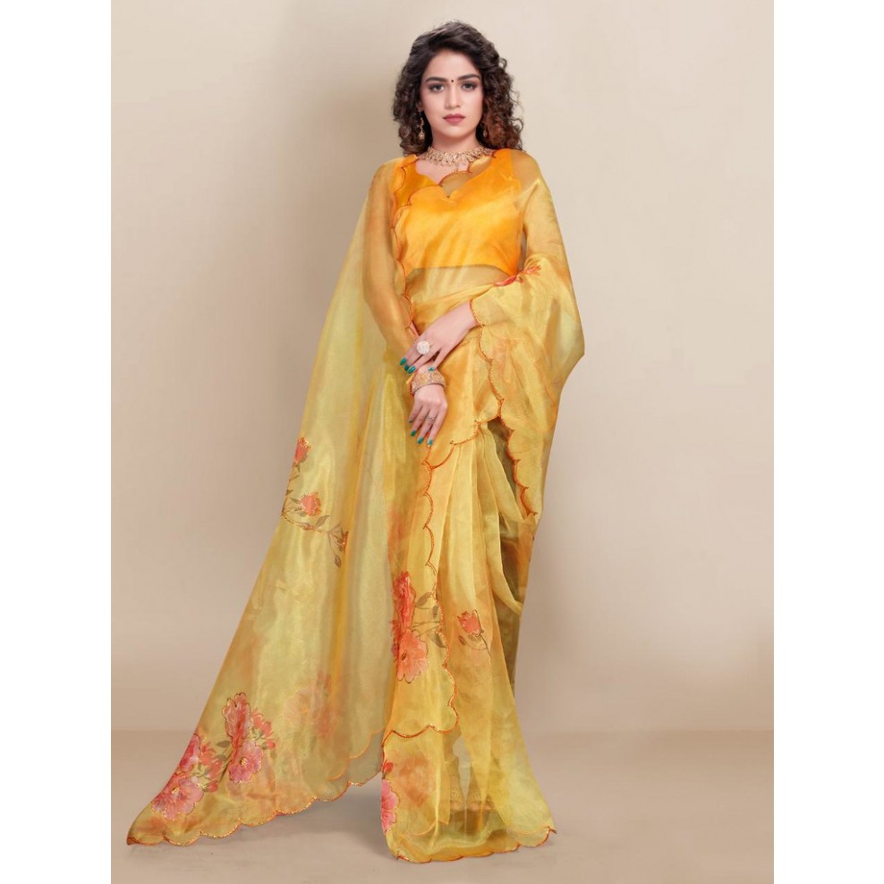 Bollywood Party Style Womens Wear Yellow Sari Organza Silk Saree Banarasi Blouse 