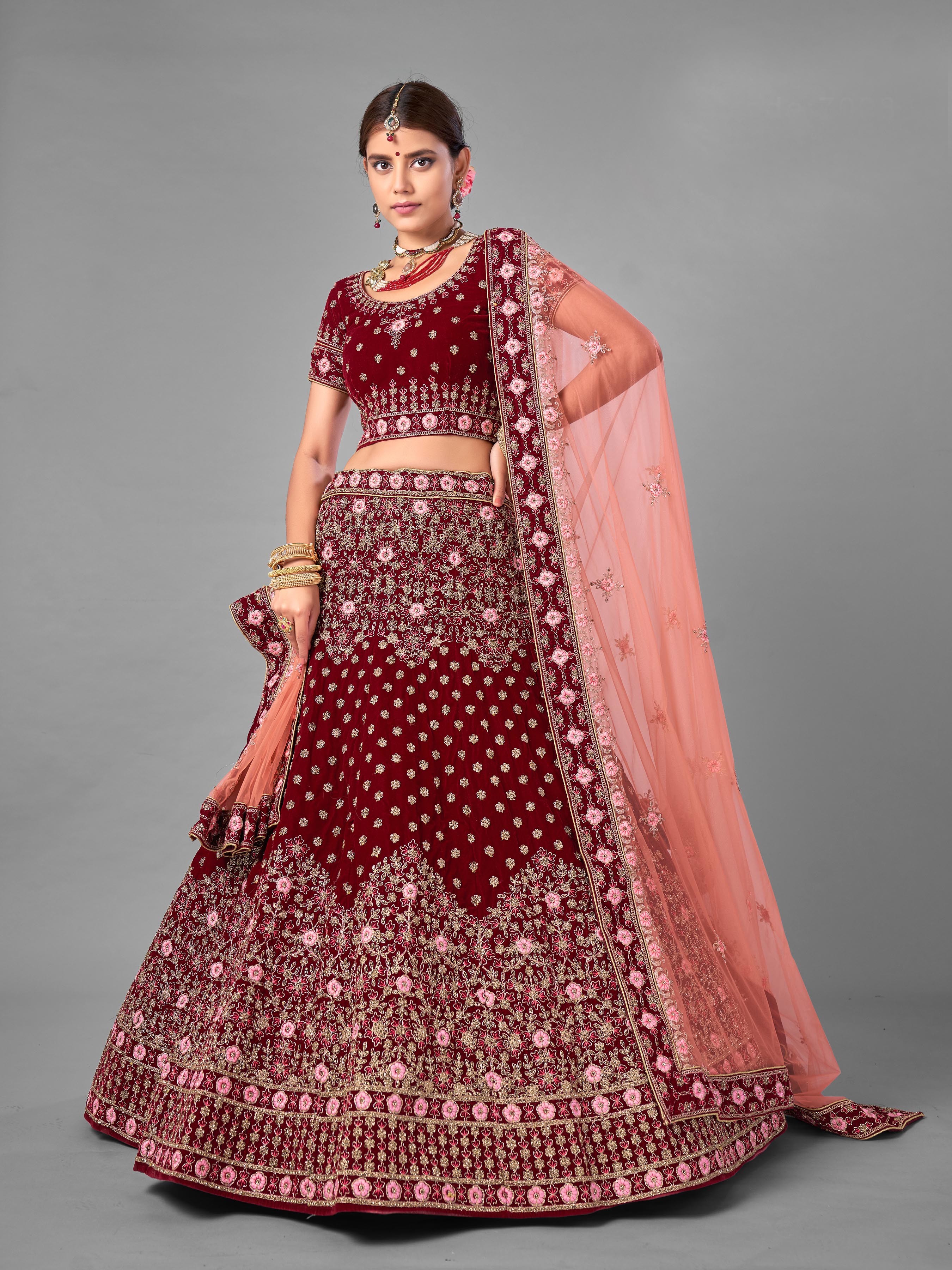 Maroon Velvet Bridal Lehenga Choli With Heavy Zari Topaz Crystals Design  And Designer Dupatta | Exotic India Art