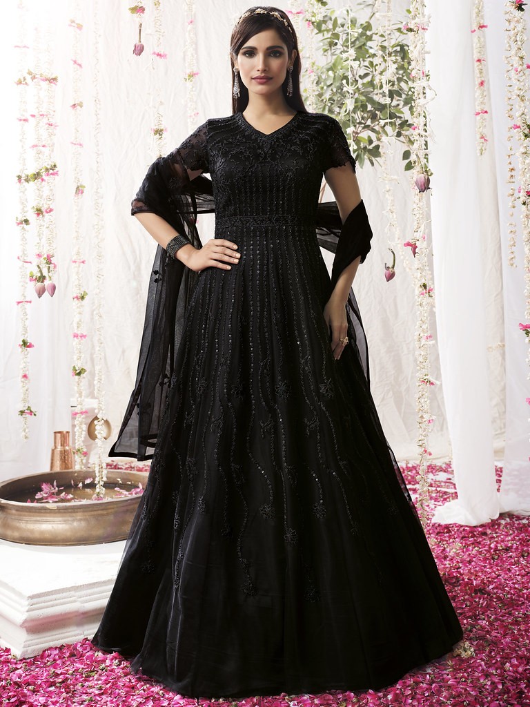 Georgette Laddi Pattern Anarkali Style Gown with Matching Dupatta and  Thread-Sequins Embroidery | Exotic India Art