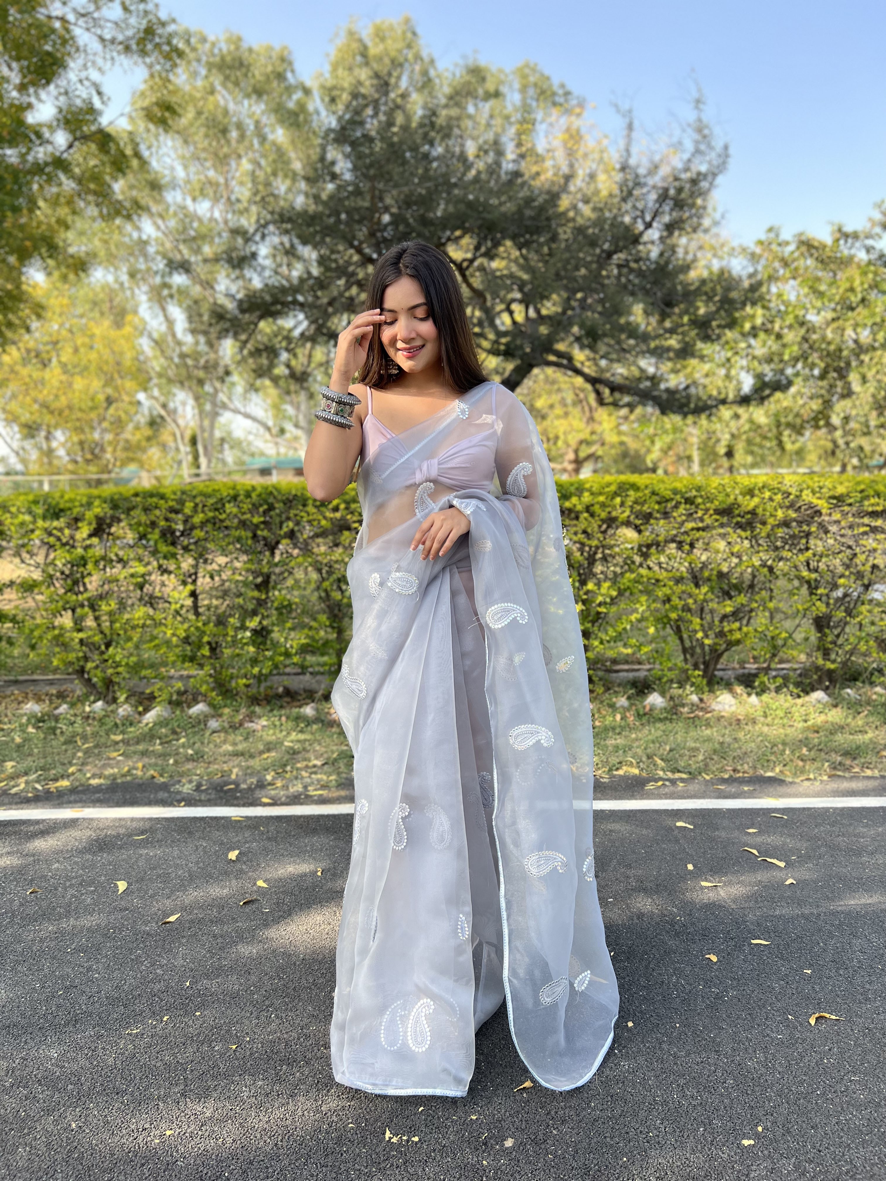 Grey organza saree with blouse 21015