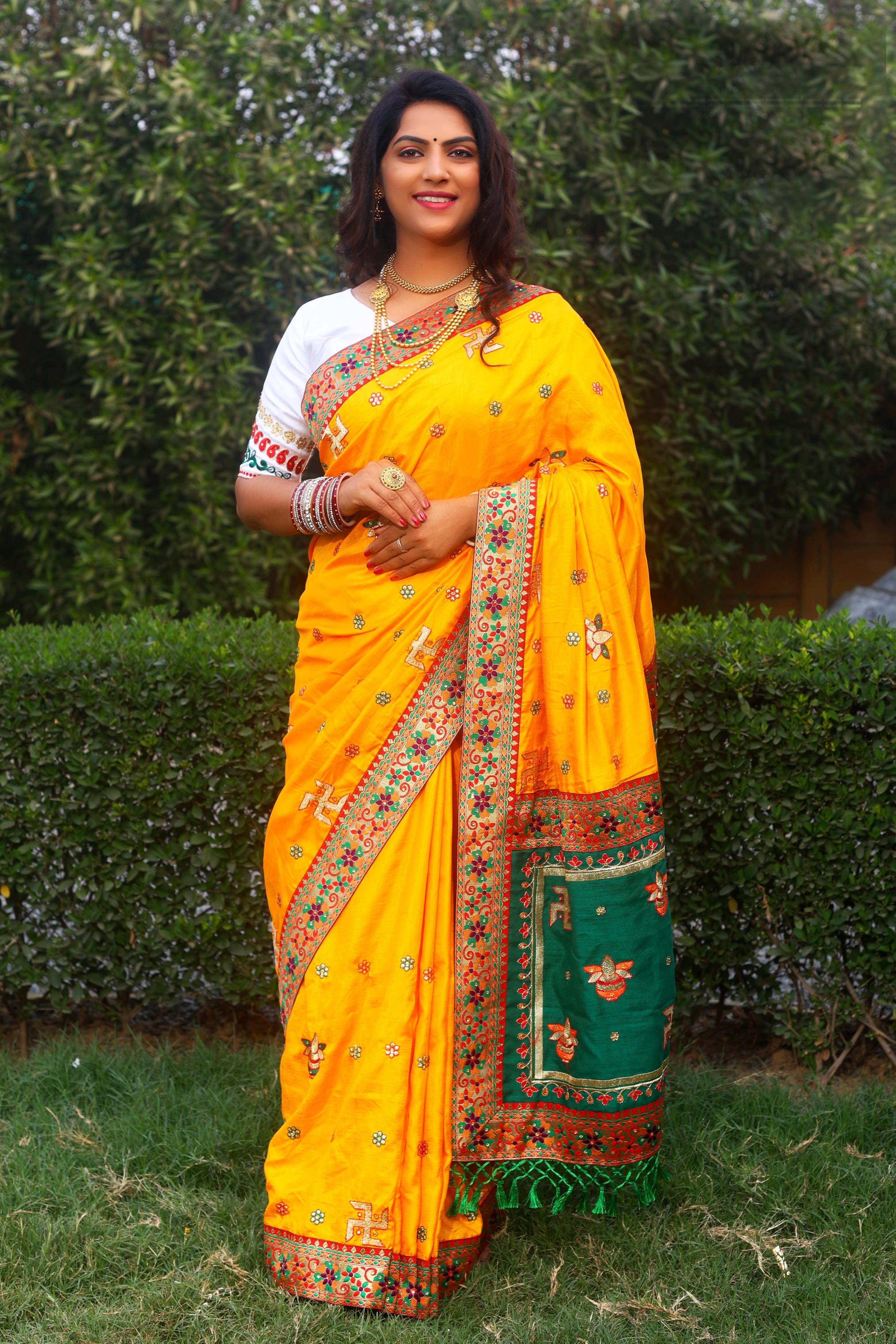 Yellow and Grey Handloom Jaipuri Pure Cotton Print Saree – BharatSthali