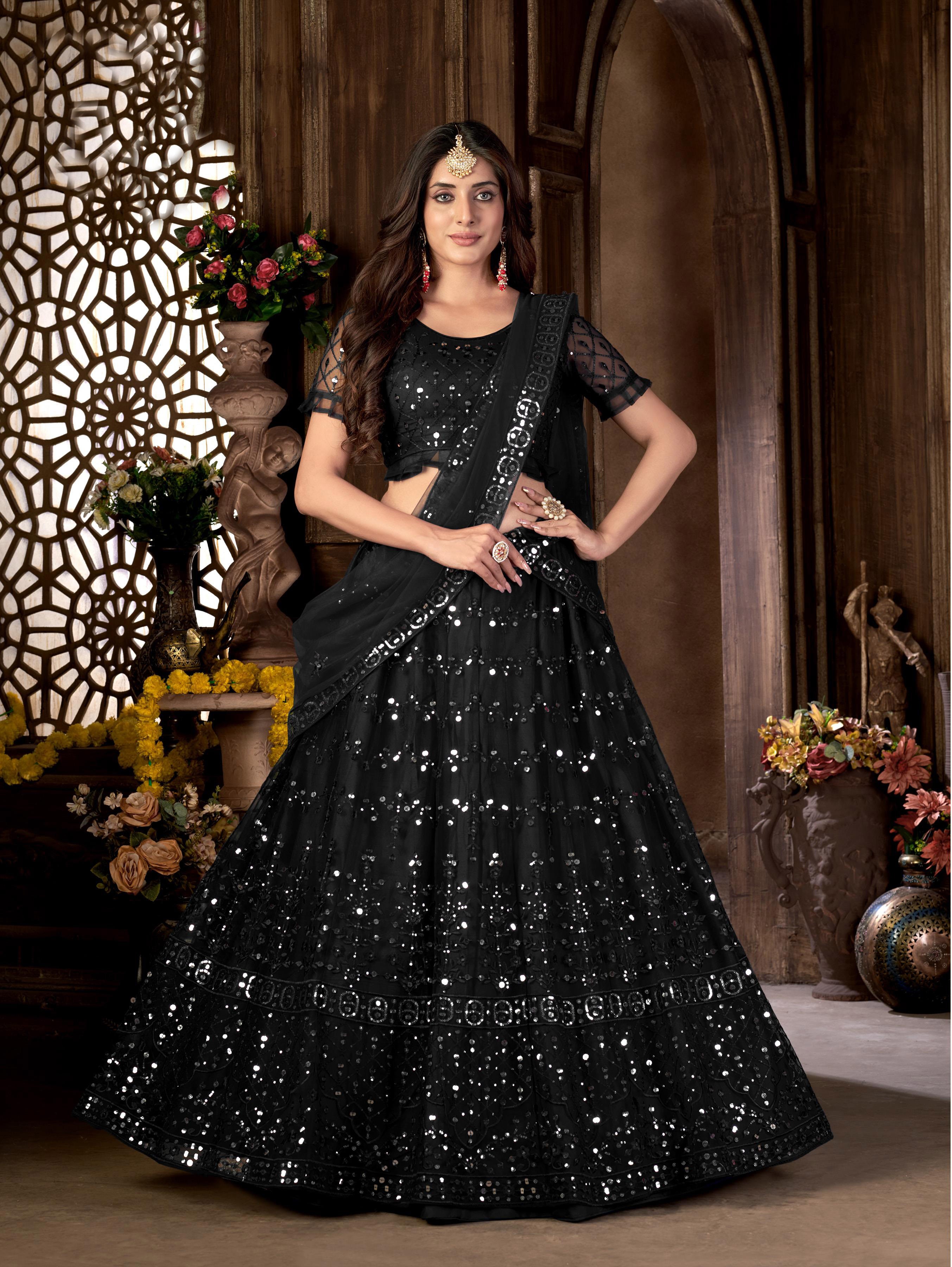 Black Lehenga with Gold Belt and Black Printed and Embroidered Choli w –  Roop Sari Palace