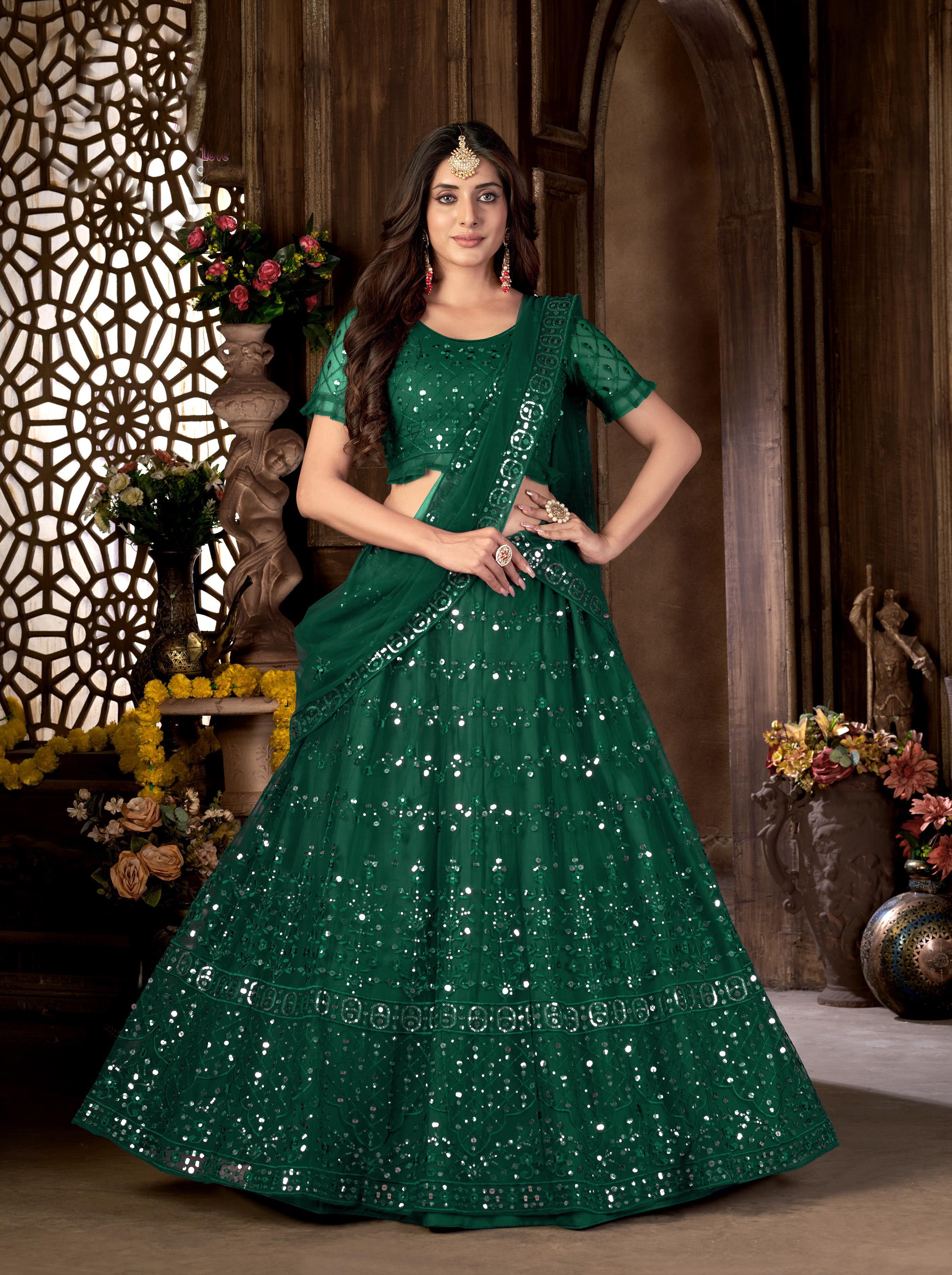 Buy Women Dark Green Embellished Tiered Lehenga Set With Contrast Blouse  And Dupatta - Wedding Wonder - Indya