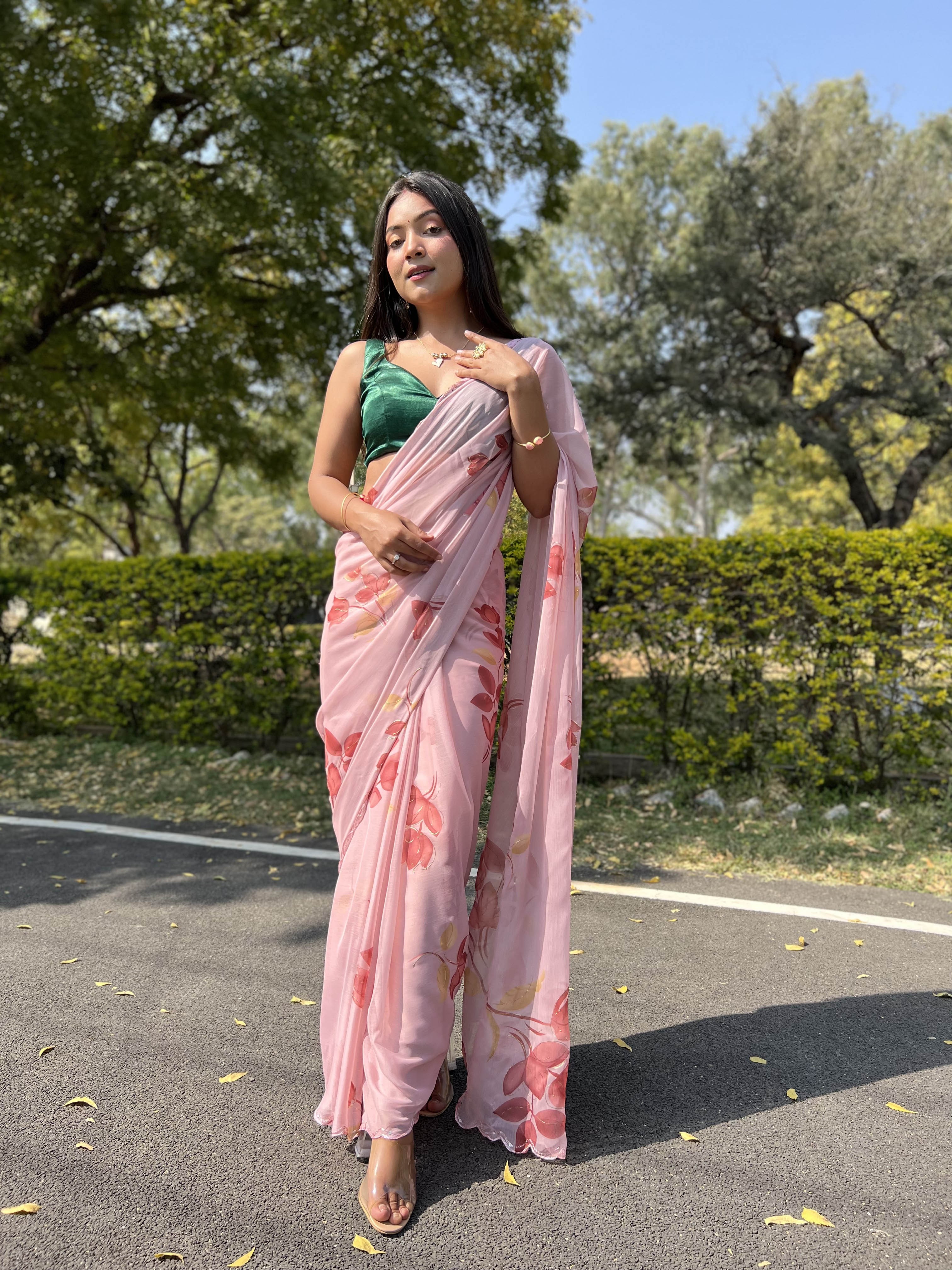 Chiffon Floral Print Saree Gown, 3/4 Sleeve