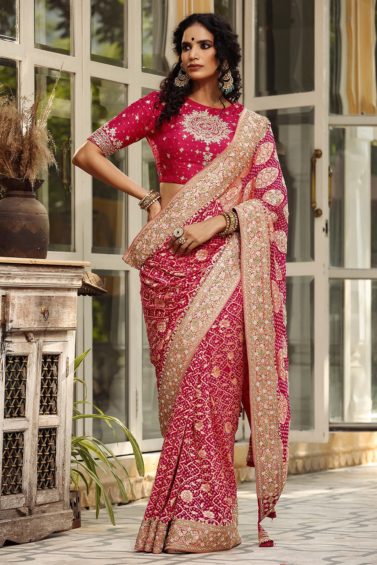 Orange and pink Georgette Bandhani Print Saree – Boutique4India