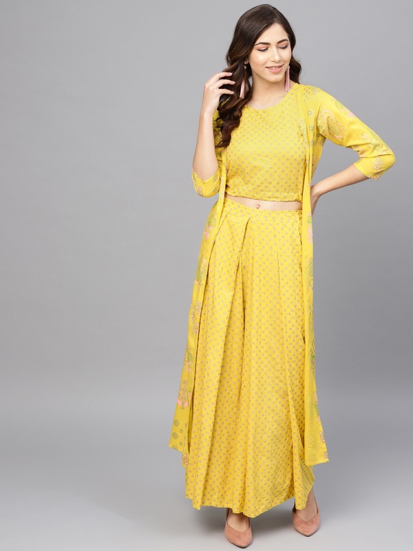 Buy Online Mustard Flared Poly Cotton Fusion Wear Dress for Women  Girls  at Best Prices in Biba Ind