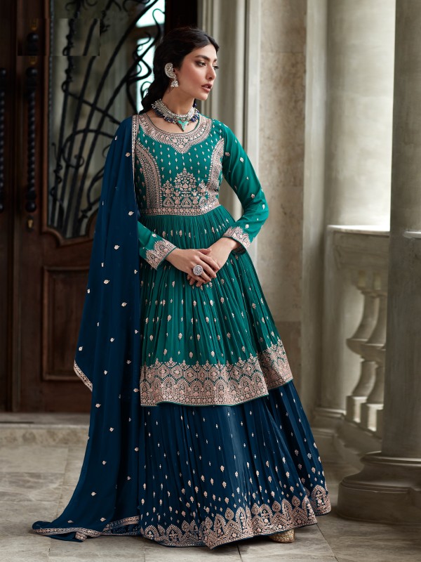 Buy Firozi Net Embroidered Designer Lehenga Style Gown Suit  Anarkali Suits
